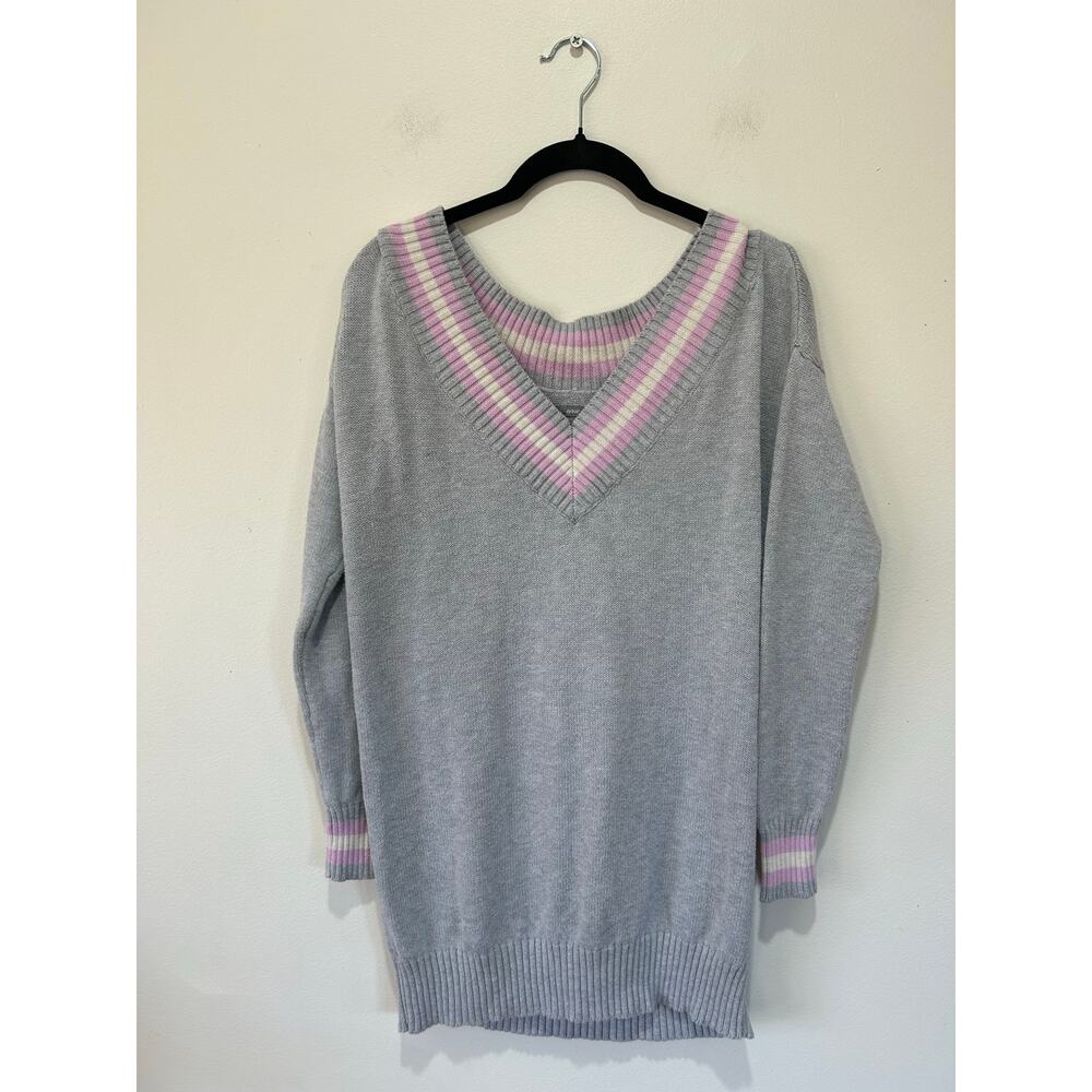 Aerie grey sweater womens size XS/S v neck cotton knit long preppy collegiate